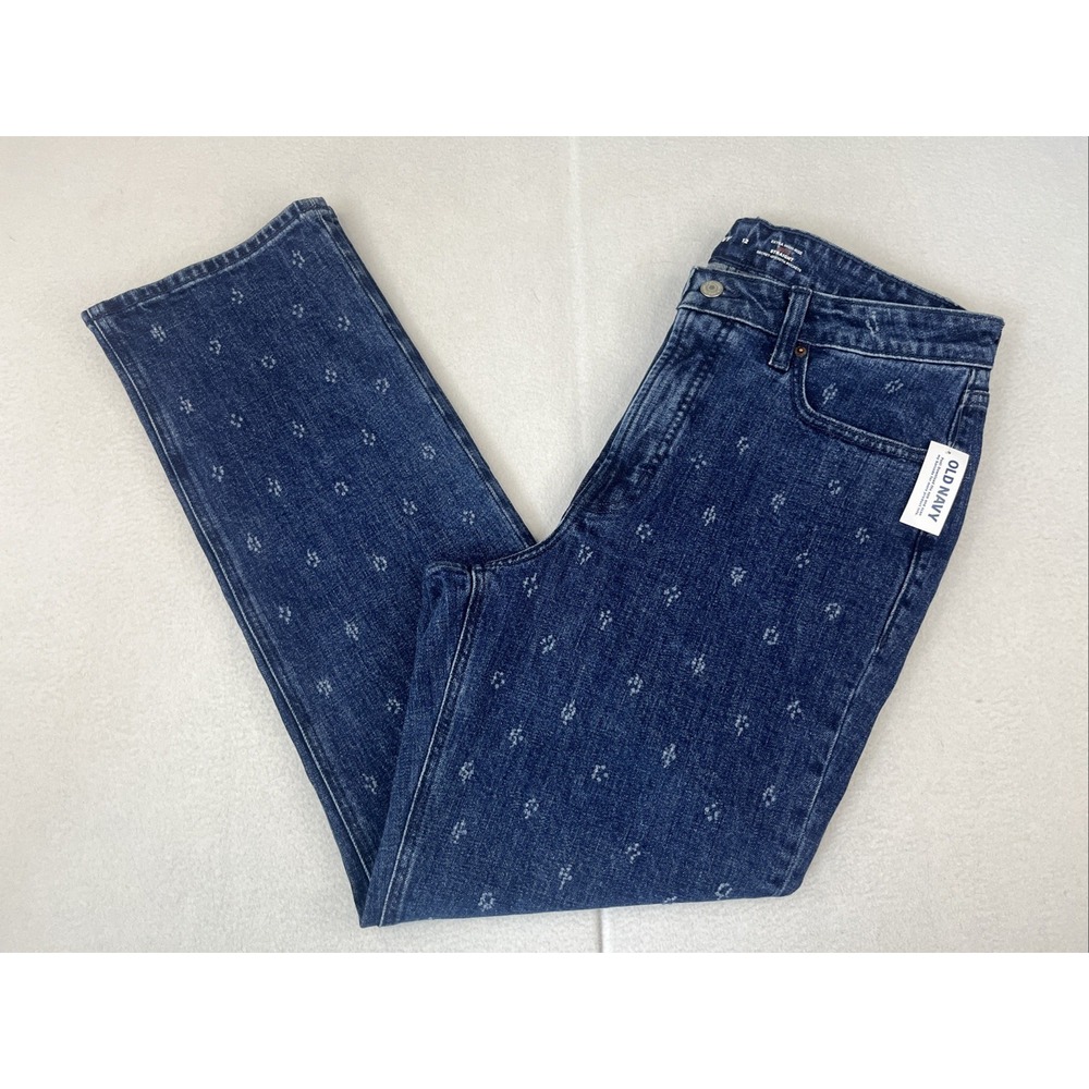 Old Navy Women Jeans 12 Blue Denim Floral Straight Extra High-Rise Curvy